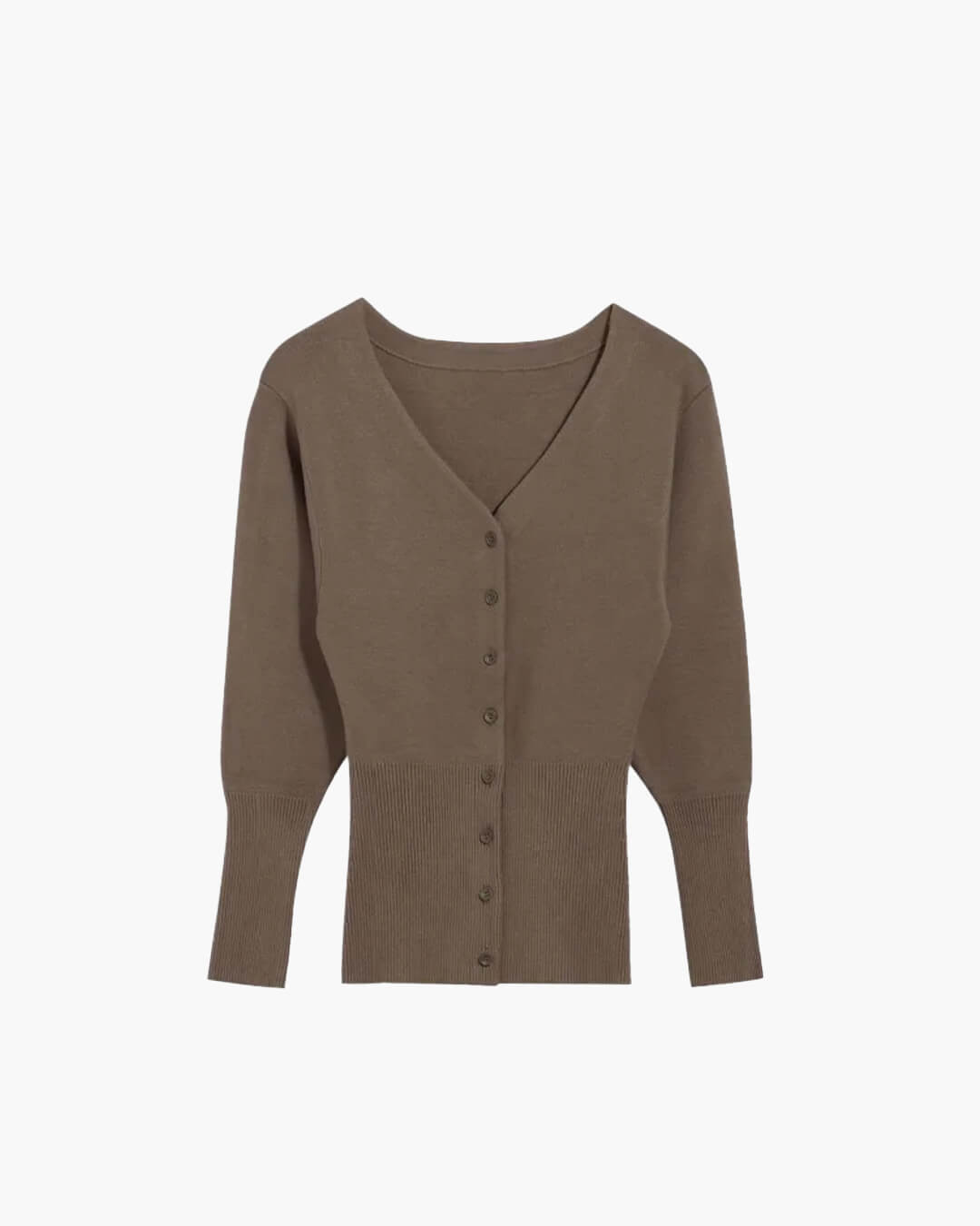 Isabella brun cardigan – elegant V-hals striktrøje - Auvéla