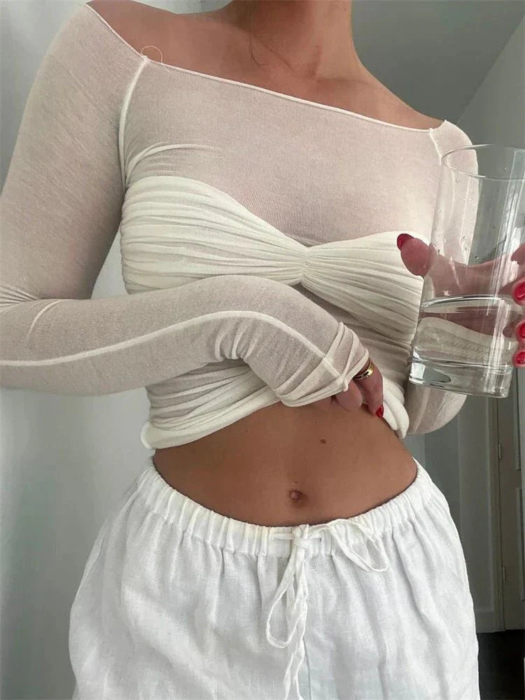 Sara Mesh Gennemsigtig Off-Shoulder Top - Auvéla