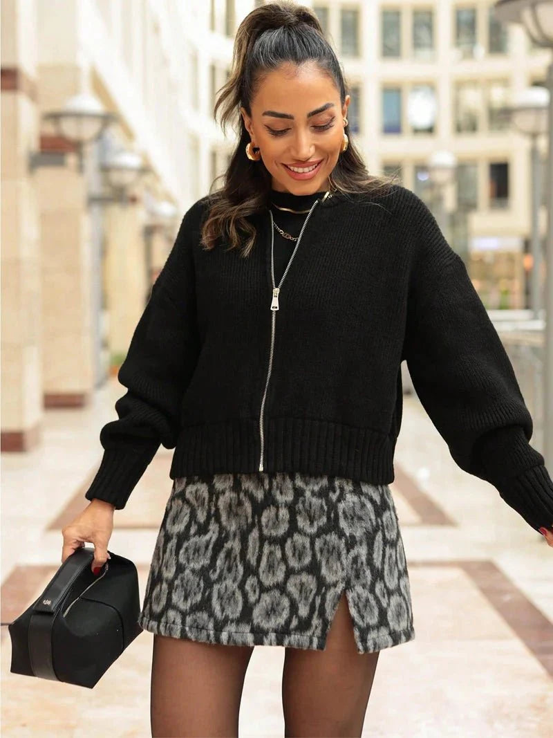 Amelia Dame Cardigan – Vintage grå strikket med lynlås - Auvéla