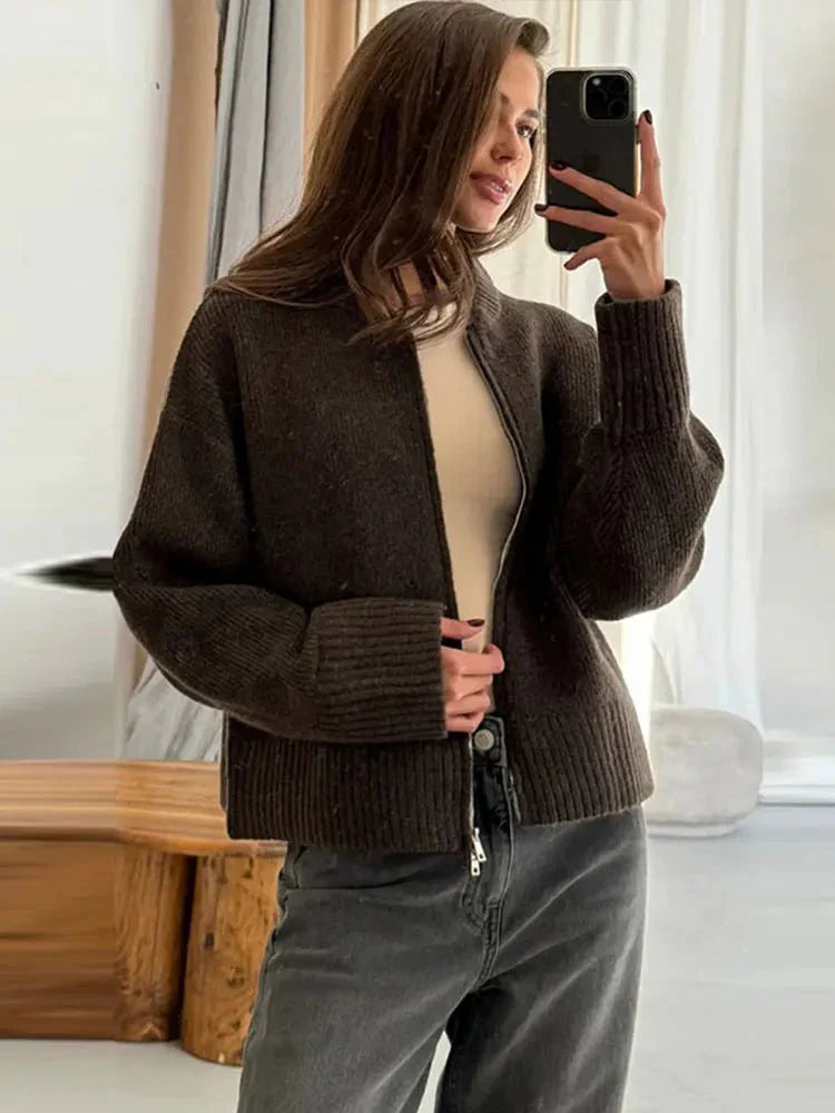 Olane Dames lange cardigan med lynlås – elegant strik - Auvéla